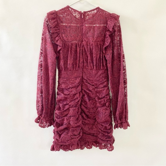 Lace Embroidered Sheer Detail Ruffle Ruched High Waist Mini Dress Maroon Small - Picture 8 of 14